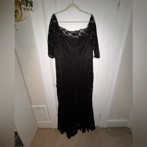 Floor length off shoulder black lace dress with train mermaid shape